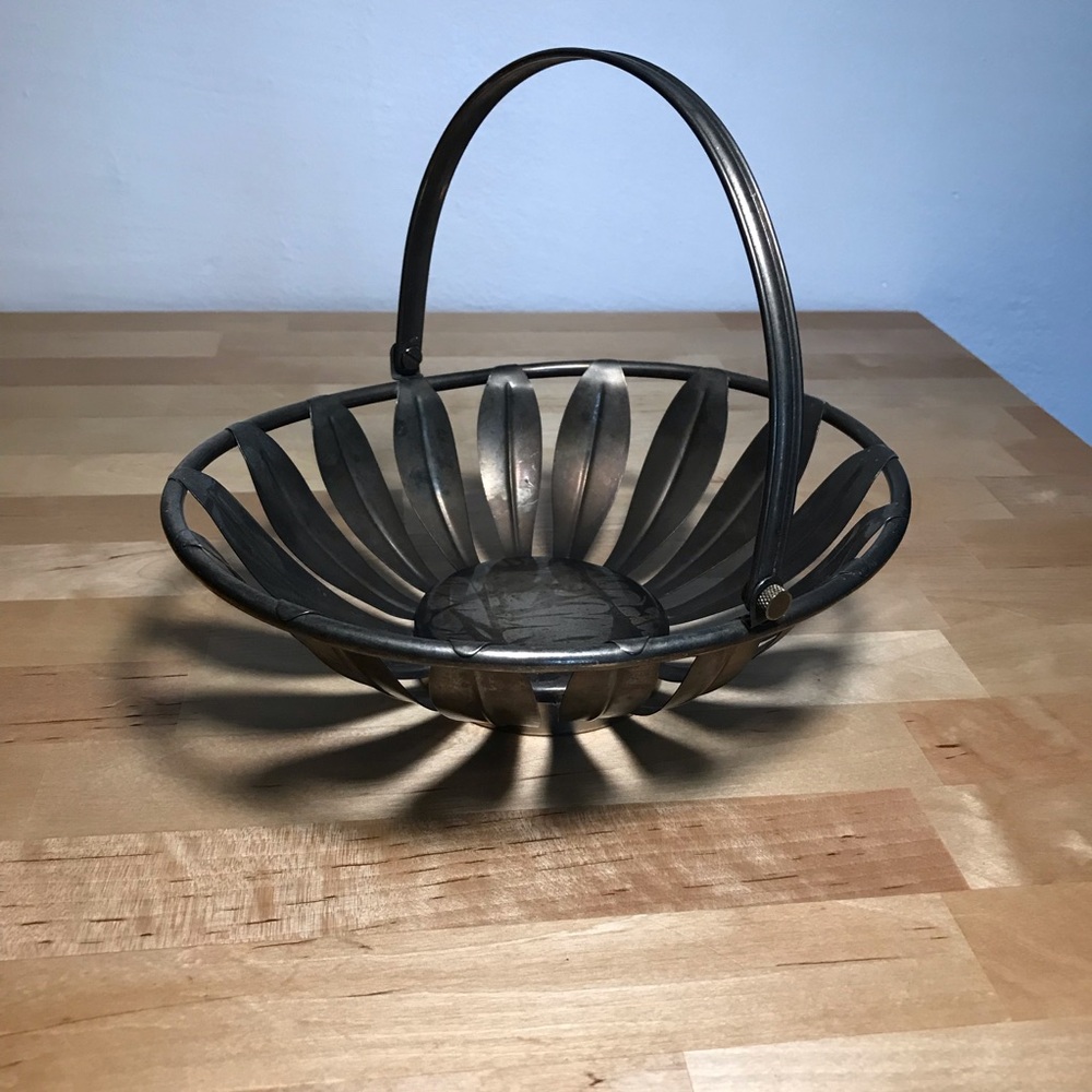 Vintage Silver Tone Metal Table Storage Basket W/ Handle